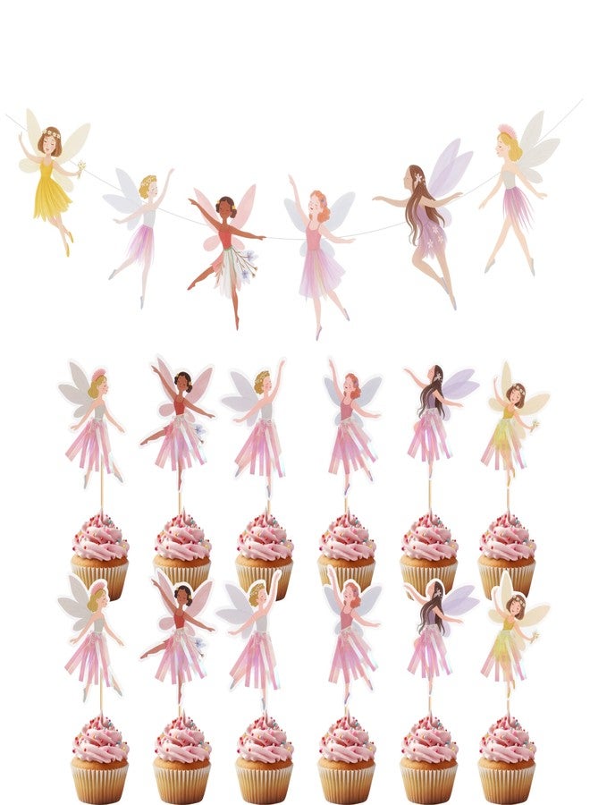 Ouksma Fairy Birthday Party Decorations for Girls - Fairy Cupcake Toppers with Banner or Backdrop, Fairy Tale Theme Baby Shower & Party Supplies (Cupcake Topper + Banner) - Image 1